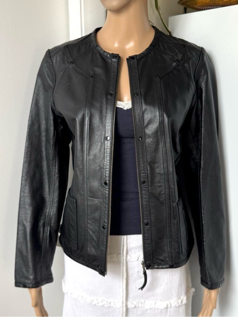 Women's Black Leather Zip Front Jacket